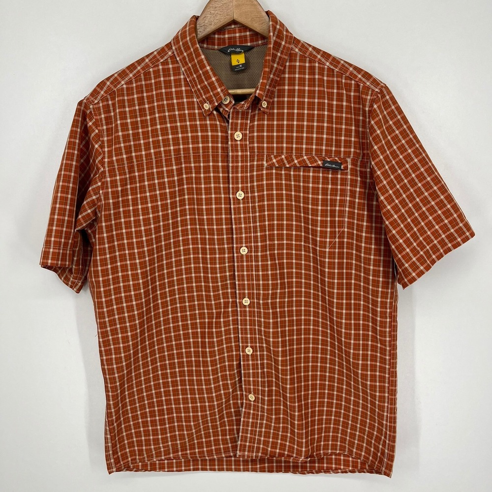 Eddie Bauer Mens Orange Plaid Short Sleeve Button Down Hiking Shirt Size M